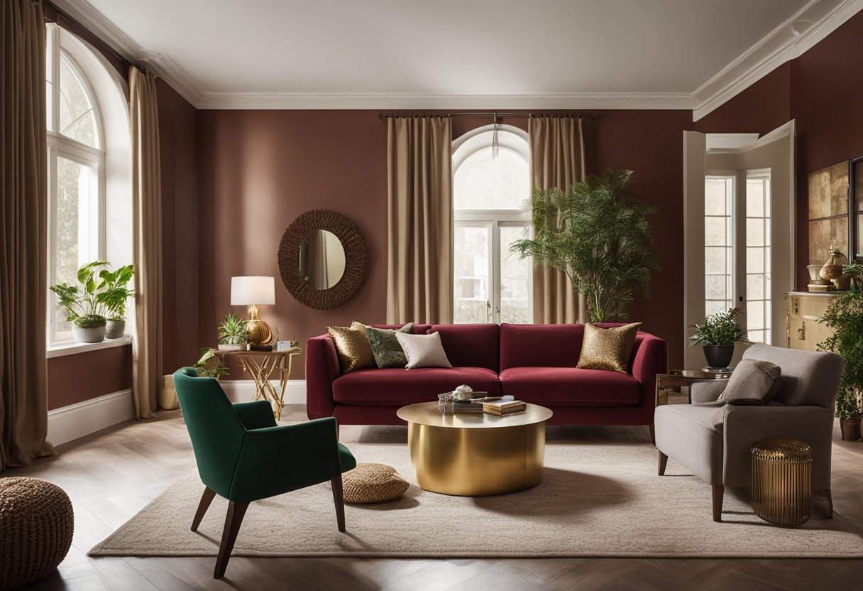 A cozy living room with warm, earthy tones. A plush, deep red sofa sits against a backdrop of soft, neutral walls. Accents of gold and green add depth and elegance to the space