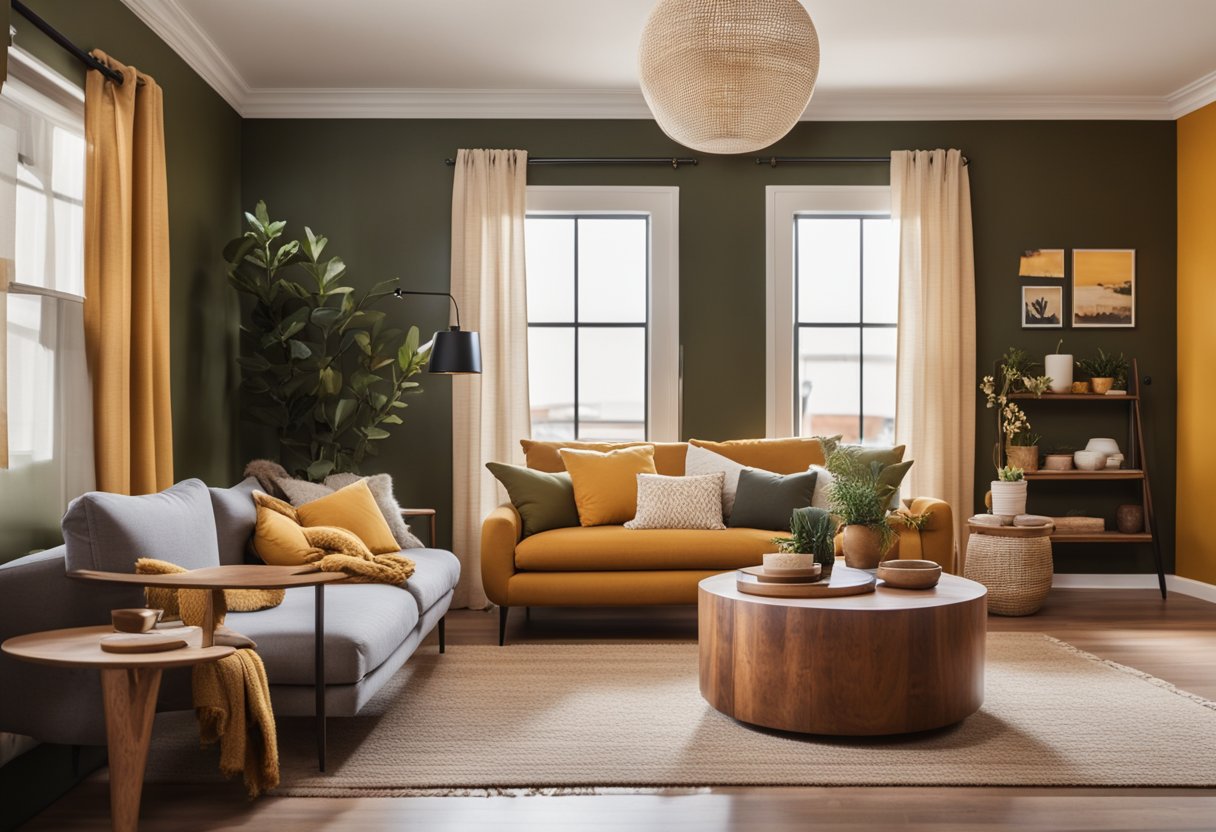 A cozy living room with warm earthy tones, including a deep olive green accent wall, complemented by natural wood furniture and pops of mustard yellow and rust orange in the decor