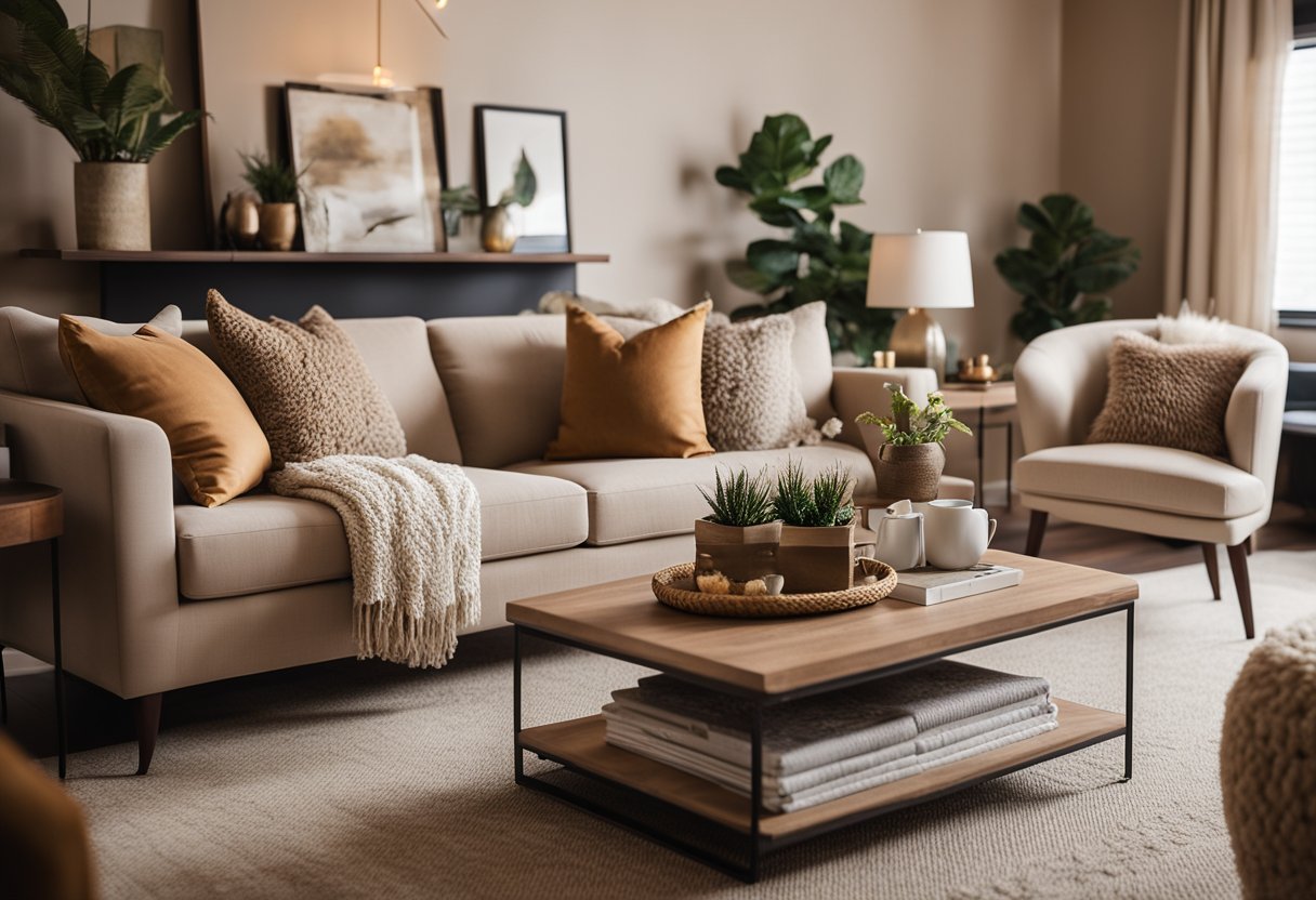 A cozy living room with warm, earthy color schemes. Soft, neutral tones on the walls complemented by rich, vibrant accents in the decor. Comfortable furniture arranged for conversation and relaxation