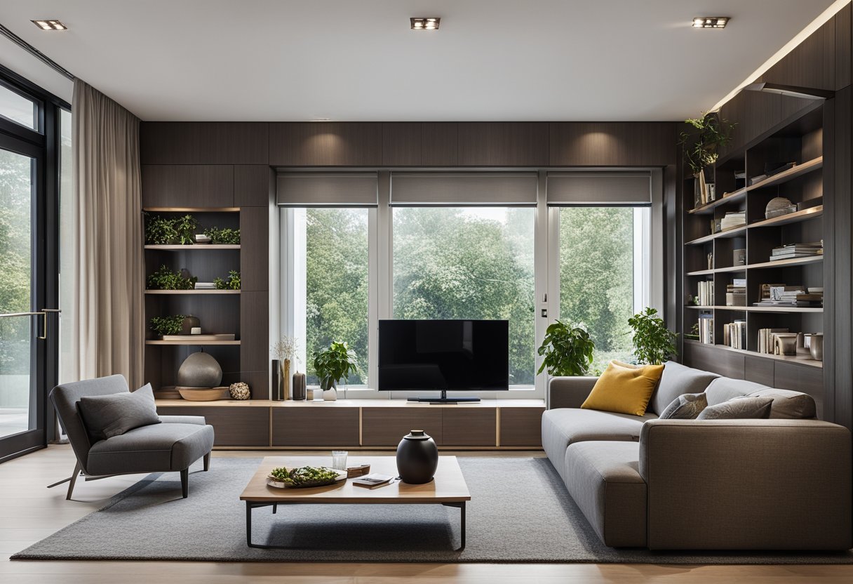 A small living room with stylish, space-saving furniture. Shelves and cabinets maximize storage. Clean lines and modern design create a sleek look