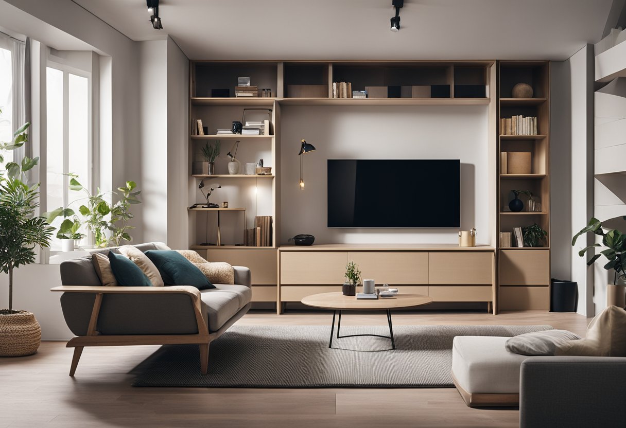 A small living room with stylish, space-saving furniture and clever storage solutions. Clean lines and minimal clutter create a sense of openness and organization