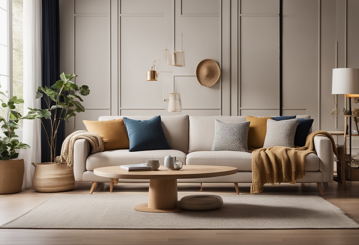 A cozy living room with warm, natural lighting. A neutral color palette with pops of color in the decor. Clever storage solutions integrated into the furniture for a stylish and functional space