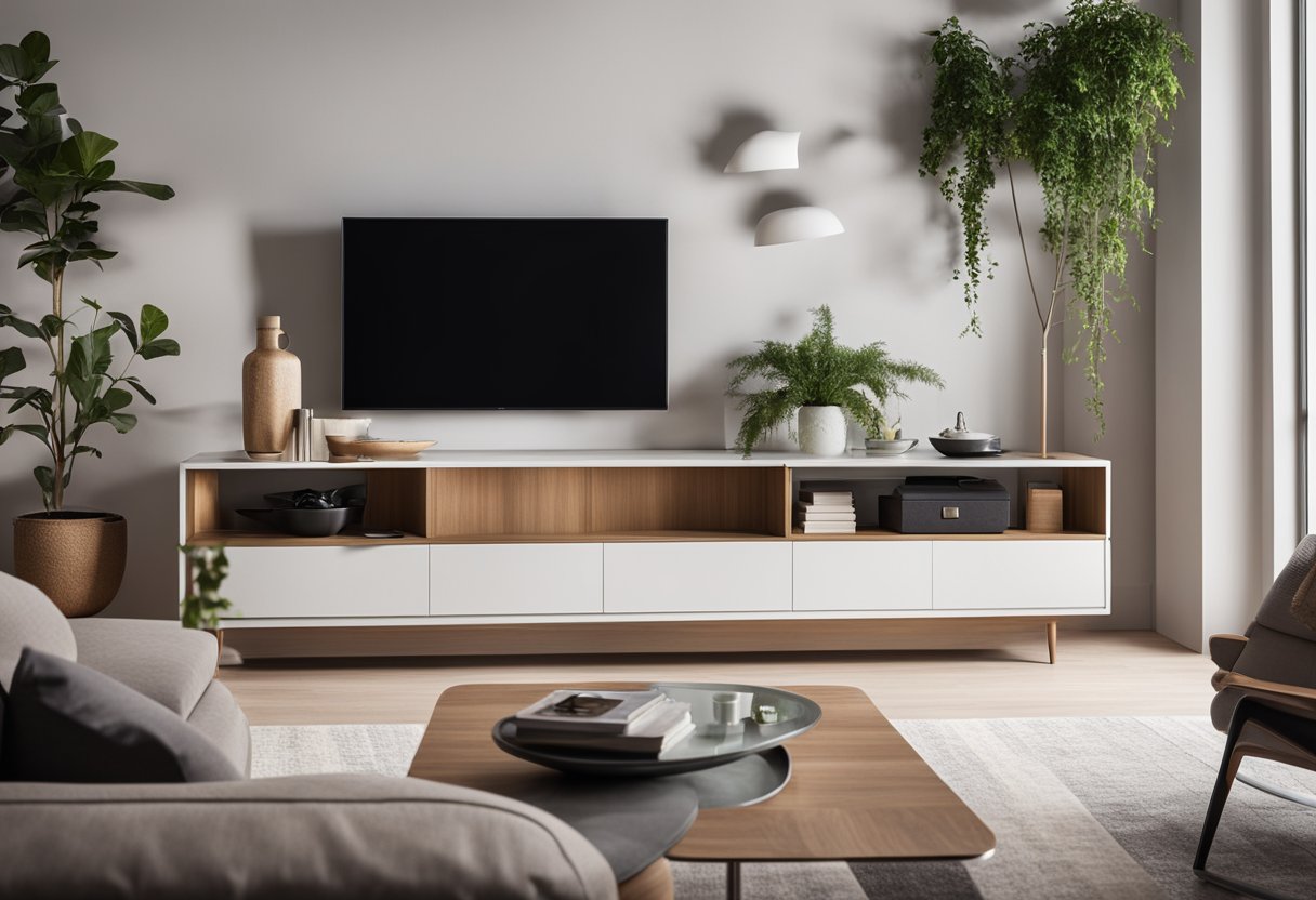 A compact living room with sleek, space-saving furniture and smart storage solutions. Innovative technology seamlessly integrated for a modern, stylish look