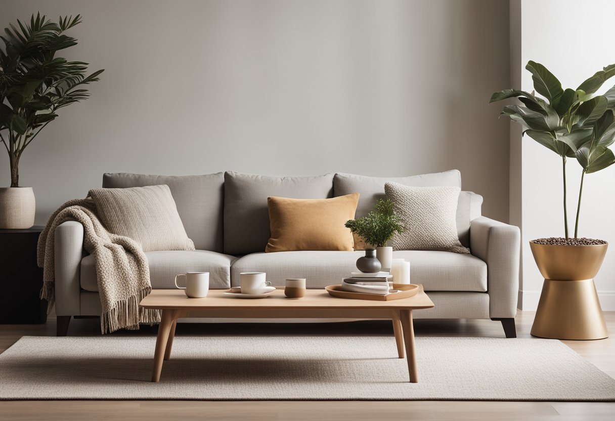 A neutral-toned living room with a cozy sofa, soft throw pillows, a sleek coffee table, and a minimalist rug. The room is flooded with natural light, creating a warm and inviting atmosphere