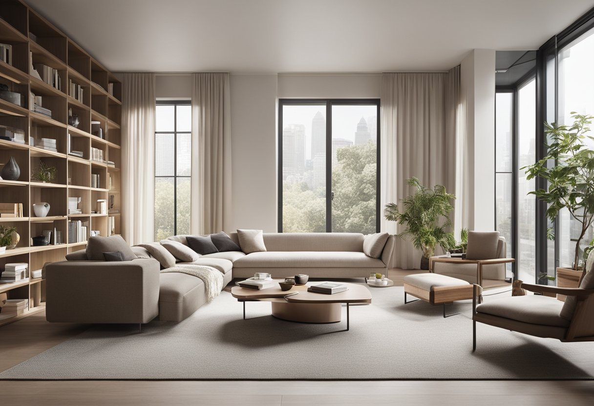 A spacious living room with a neutral color palette, featuring a comfortable sofa, modern coffee table, and minimalist bookshelf. Large windows let in natural light, creating a warm and inviting atmosphere