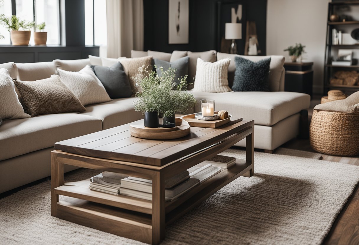 A cozy living room with neutral tones, featuring a plush area rug, textured throw pillows, and a variety of materials like wood, metal, and fabric