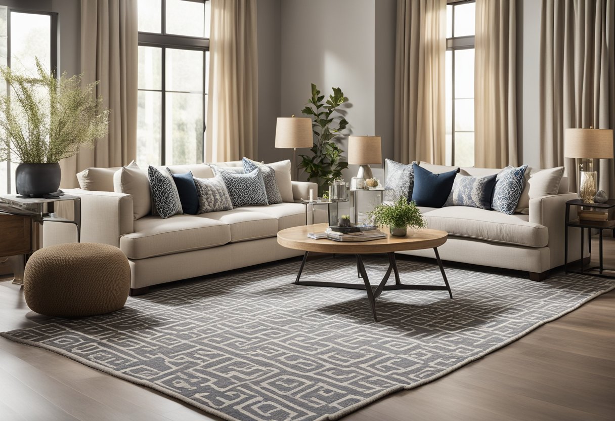 A neutral living room with geometric patterns on the rug, throw pillows, and curtains. A mix of textures like wood, metal, and fabric add depth and interest to the space