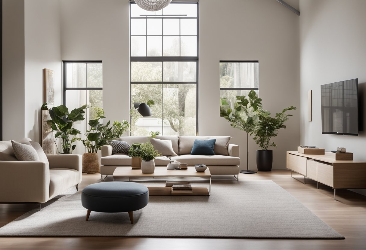 A neutral living room with soft, natural lighting and strategically placed accent lights to create depth and warmth. Clean, modern furniture and minimal decor add interest without overwhelming the space