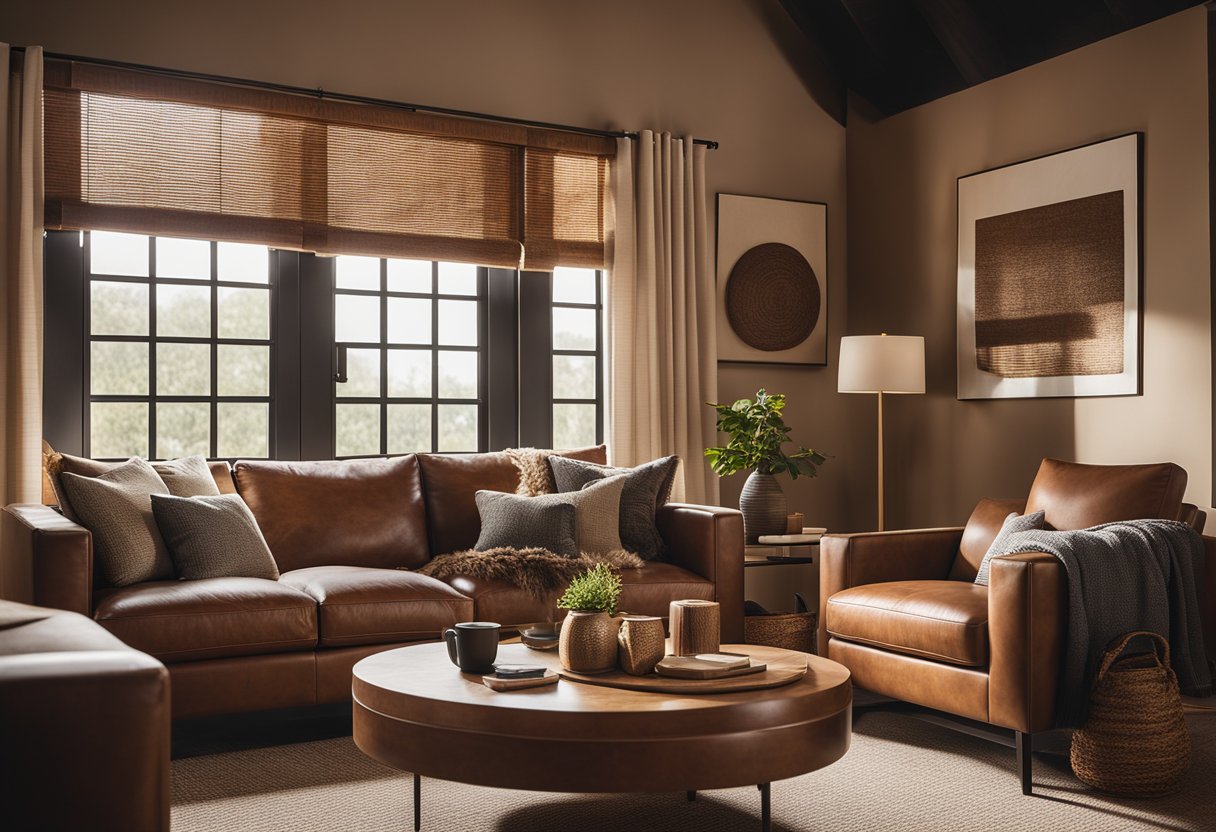 A cozy living room with a brown couch as the focal point, surrounded by warm, earthy tones. A large window lets in natural light, highlighting the richness of the brown hues