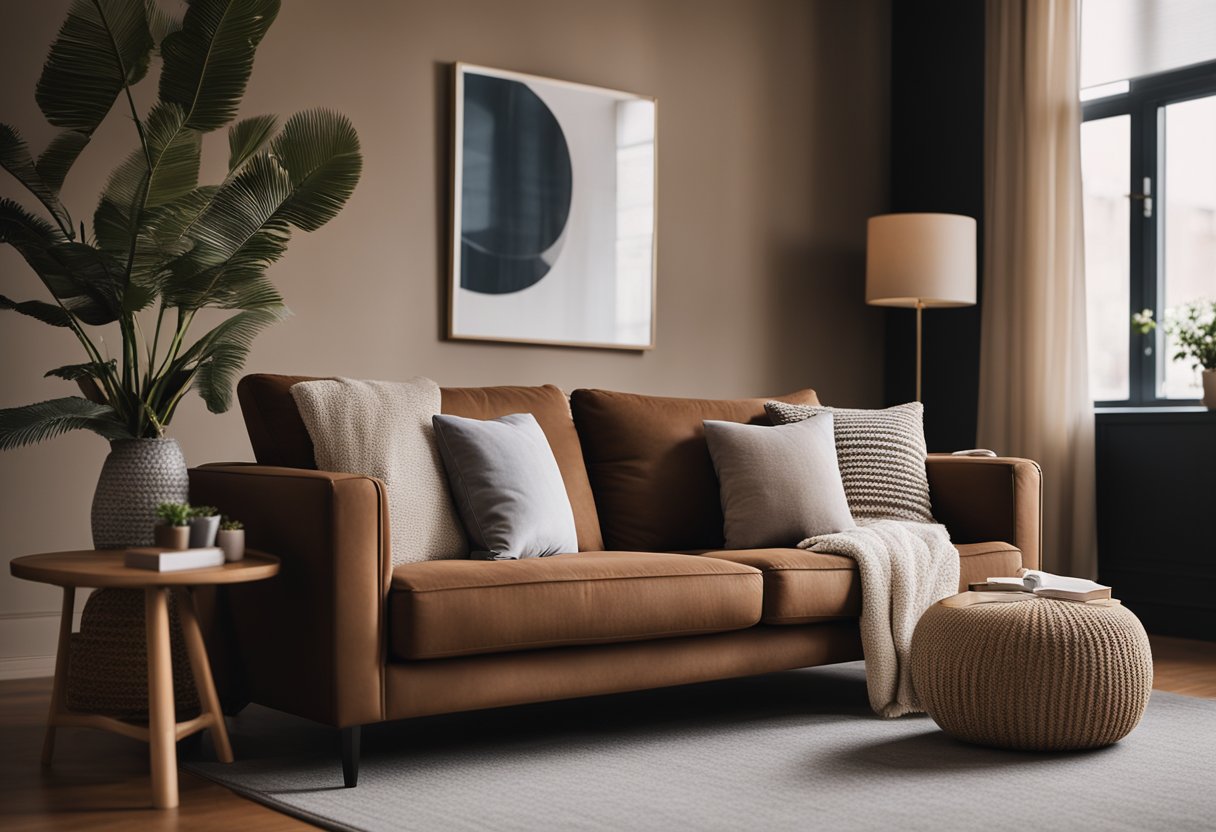 A cozy brown couch sits in a spacious living room, adorned with plush cushions and a soft throw. The rich texture of the fabric invites relaxation, while the warm tones add a touch of elegance to the space