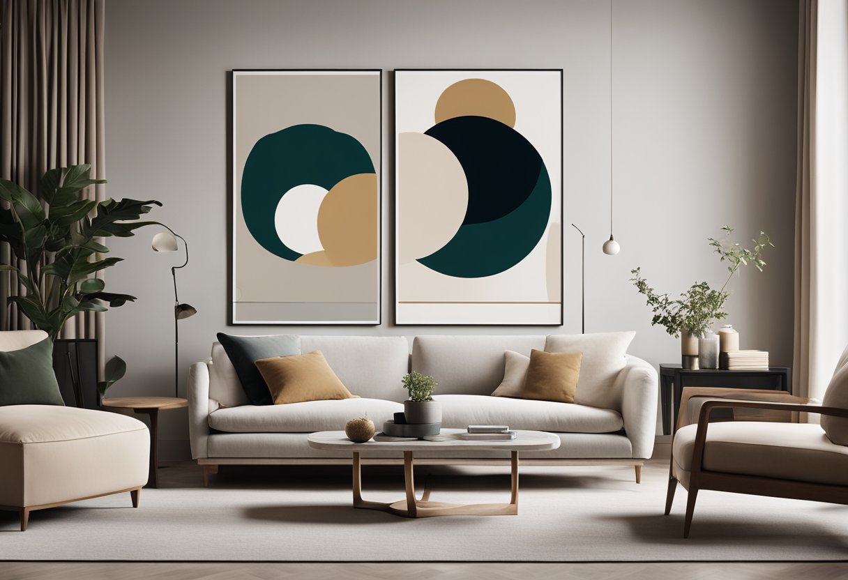 A neutral living room with minimalist wall decor and art, featuring abstract paintings, geometric shapes, and natural textures for a modern yet inviting atmosphere