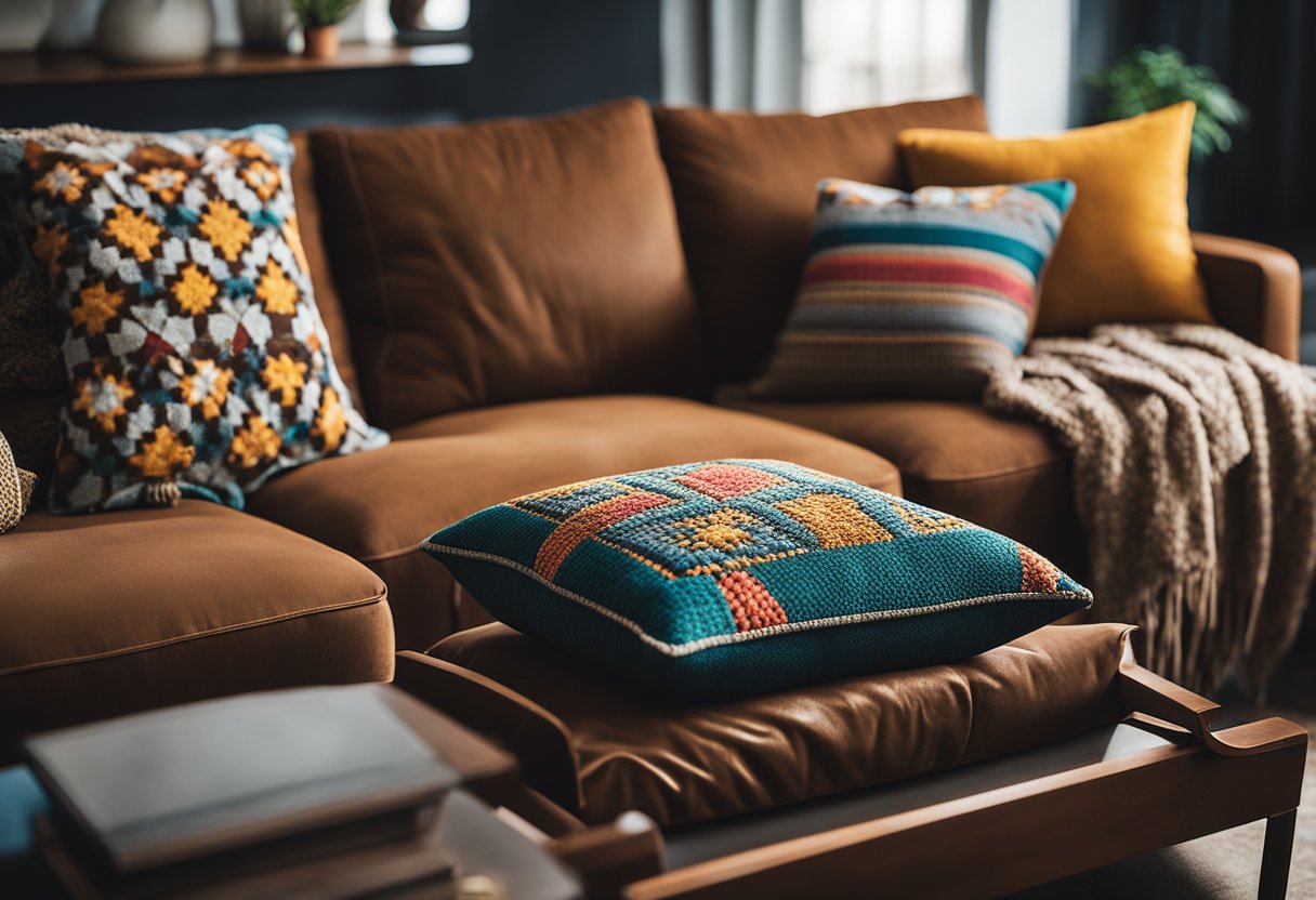 A brown couch adorned with colorful cushions and throws in a cozy living room setting