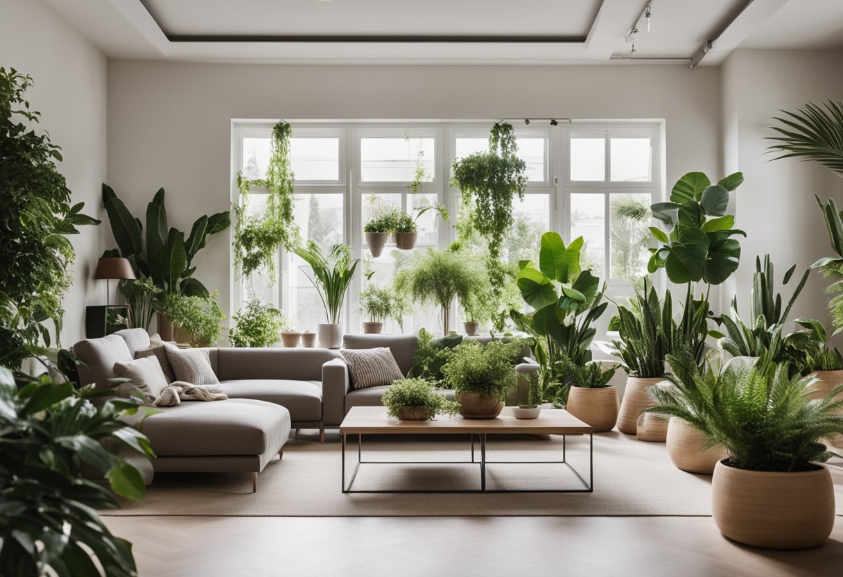 A spacious living room with a variety of lush plants and greenery arranged in stylish pots and planters. The room is decorated in neutral tones with modern furniture and plenty of natural light streaming in