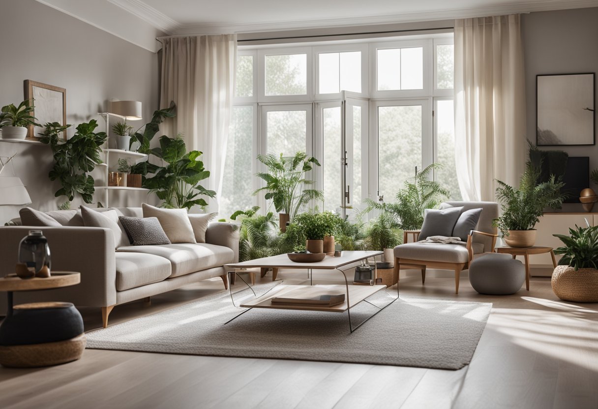 A spacious living room with neutral colors and modern furniture. Large windows let in natural light. A cozy rug and plants add warmth