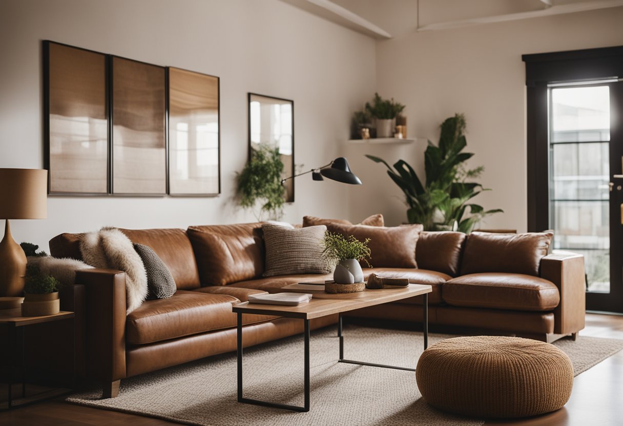 A cozy living room with a brown couch as the focal point, surrounded by warm, earthy tones and soft textures