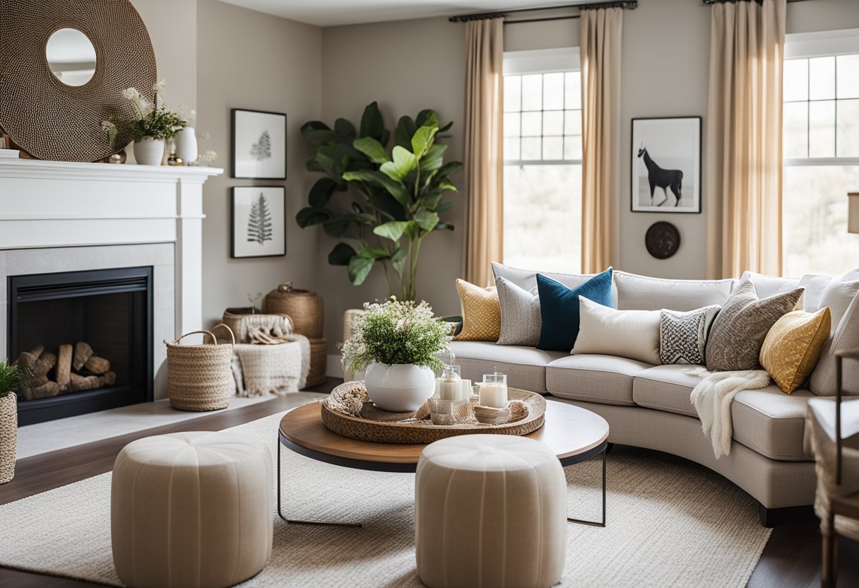 A cozy living room with neutral colors and pops of vibrant accents. A mix of textures and patterns create a warm and inviting space