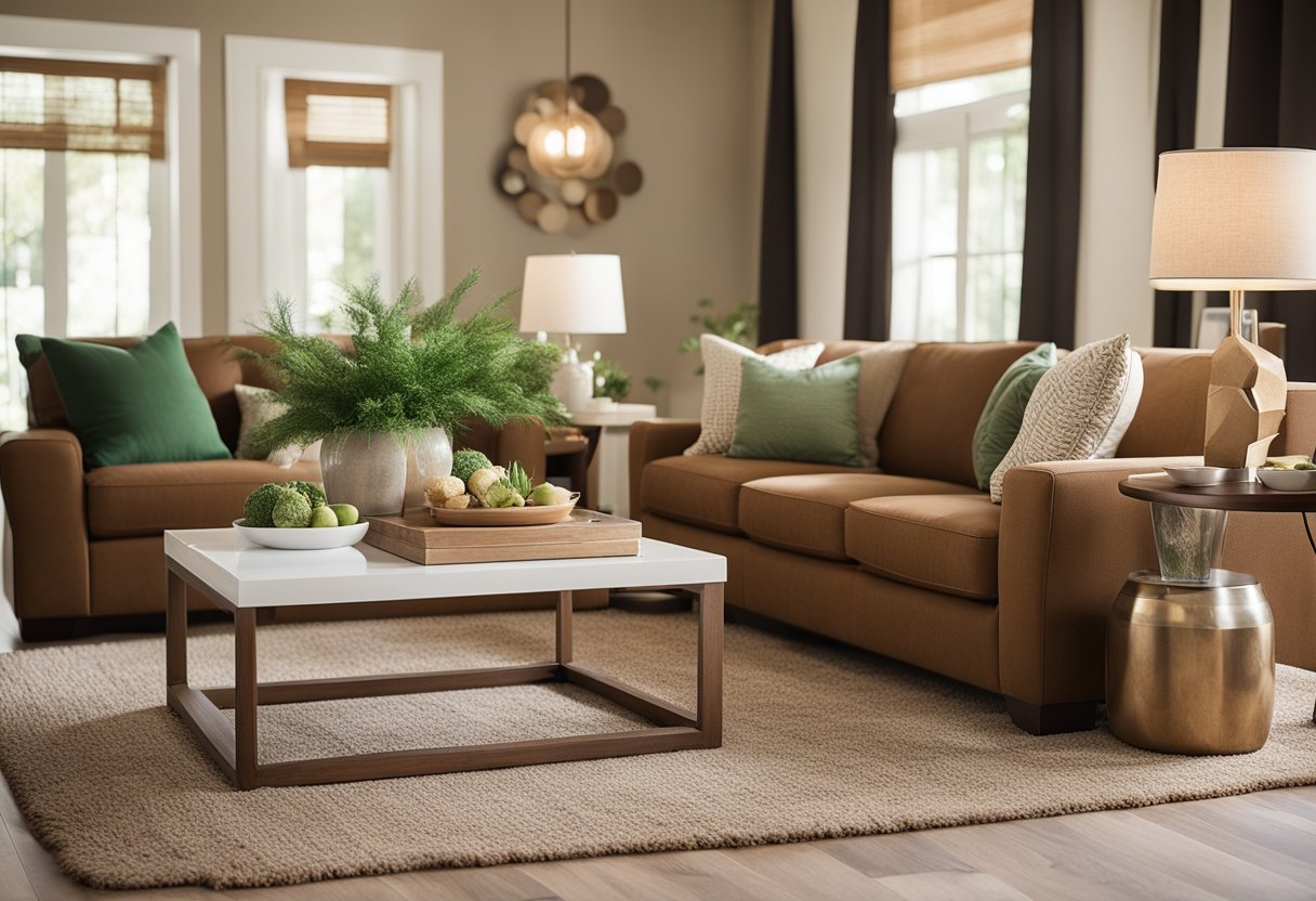 A cozy living room with a large brown couch, accented by warm earth tones and cozy textures. A mix of browns, creams, and pops of green create a welcoming and inviting space