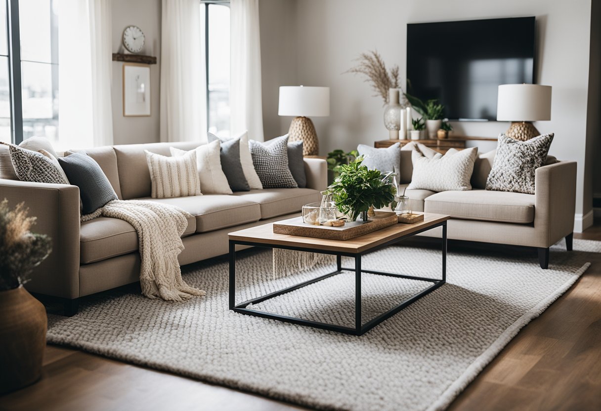 A cozy living room with a mix of modern and traditional furniture, neutral colors, and pops of texture and pattern. A plush rug, sleek coffee table, and soft throw pillows create a comfortable and stylish space