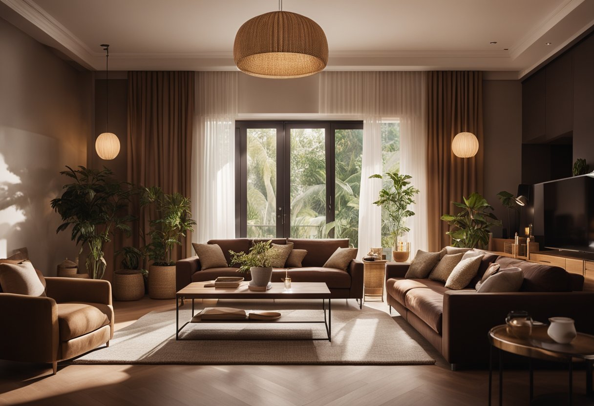 Soft, warm light bathes the cozy living room, casting gentle shadows on the rich brown couches. The room feels inviting and comfortable, with a sense of relaxation and homeliness