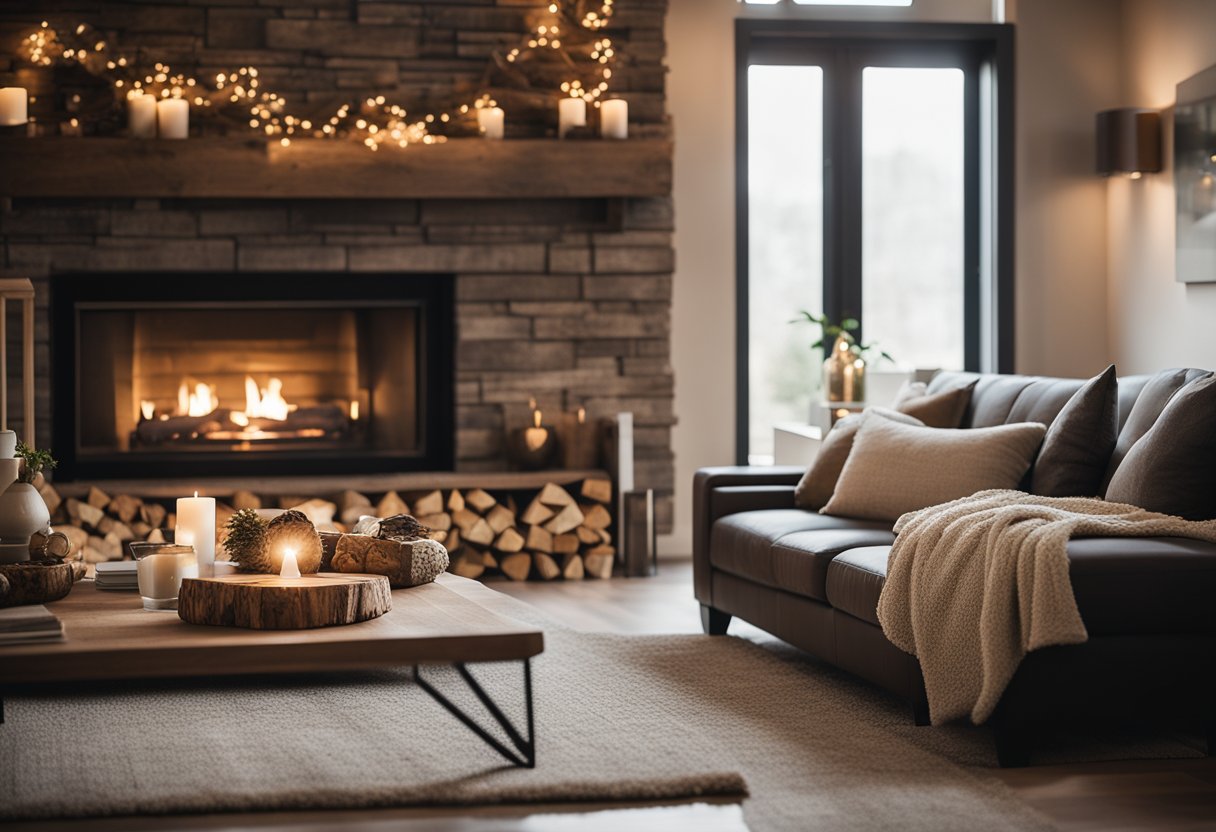 A cozy living room with neutral tones, textured throw pillows, and warm lighting. A fireplace with stacked firewood adds a cozy touch. A large, plush area rug anchors the space