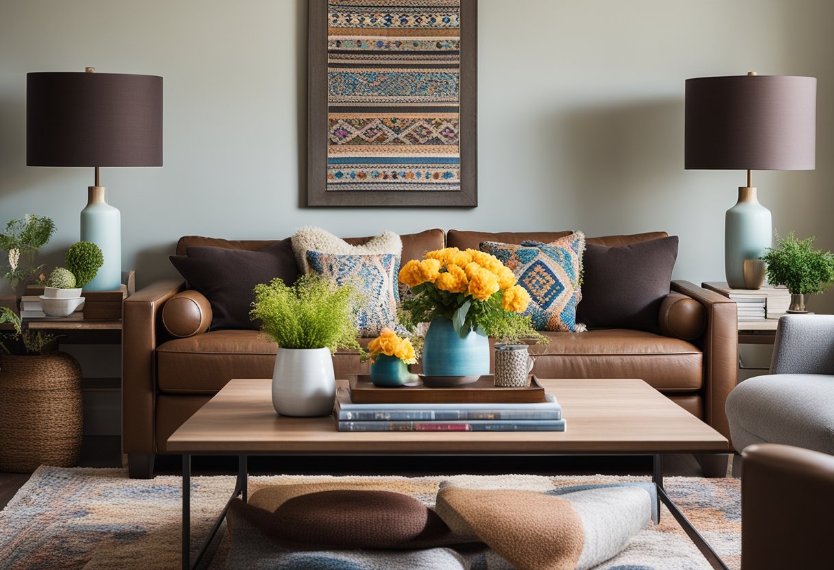 A cozy living room with brown couches adorned with colorful throw pillows and a soft, patterned rug. A coffee table holds books and a vase of flowers, while wall art adds a pop of color