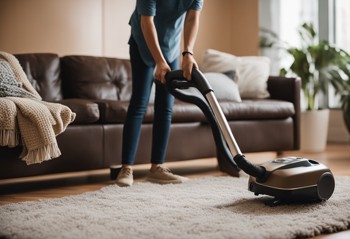 A person using a vacuum cleaner to clean a brown couch in a well-lit living room with decorative pillows and a cozy throw blanket