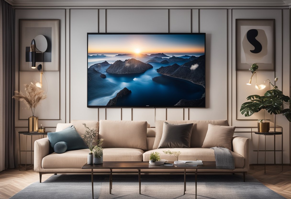 A living room with a TV mounted on the wall, surrounded by stylish art pieces and decorative elements, creating a seamless integration of technology and aesthetics