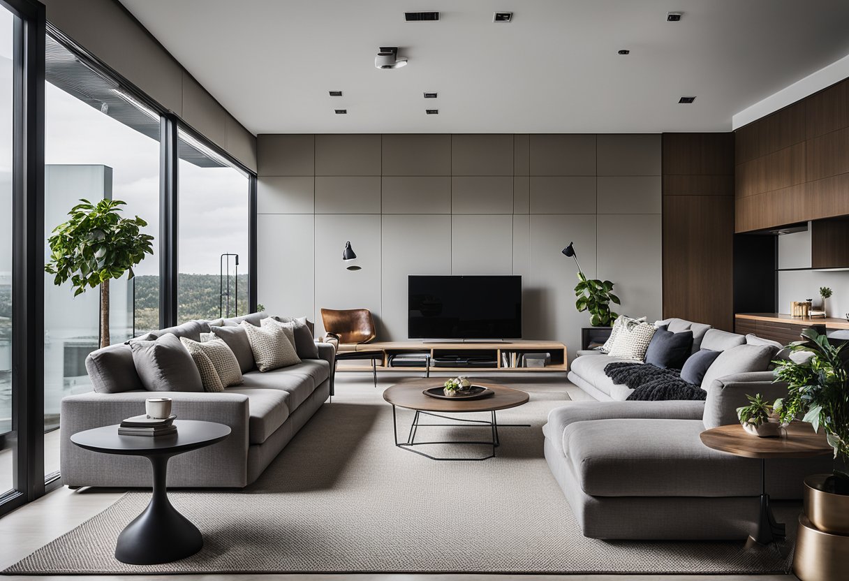 A modern living room with a TV mounted on the wall, surrounded by a sleek sectional sofa, a coffee table, and stylish accent chairs. The room is well-lit with natural light coming in from large windows, creating a cozy and inviting atmosphere