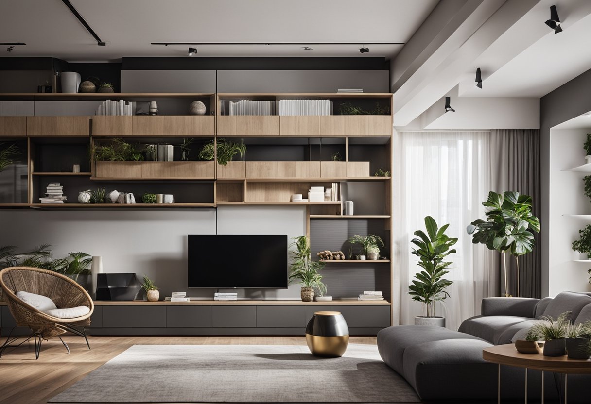 A modern living room with a mounted TV, surrounded by stylish storage solutions like floating shelves, sleek cabinets, and decorative baskets