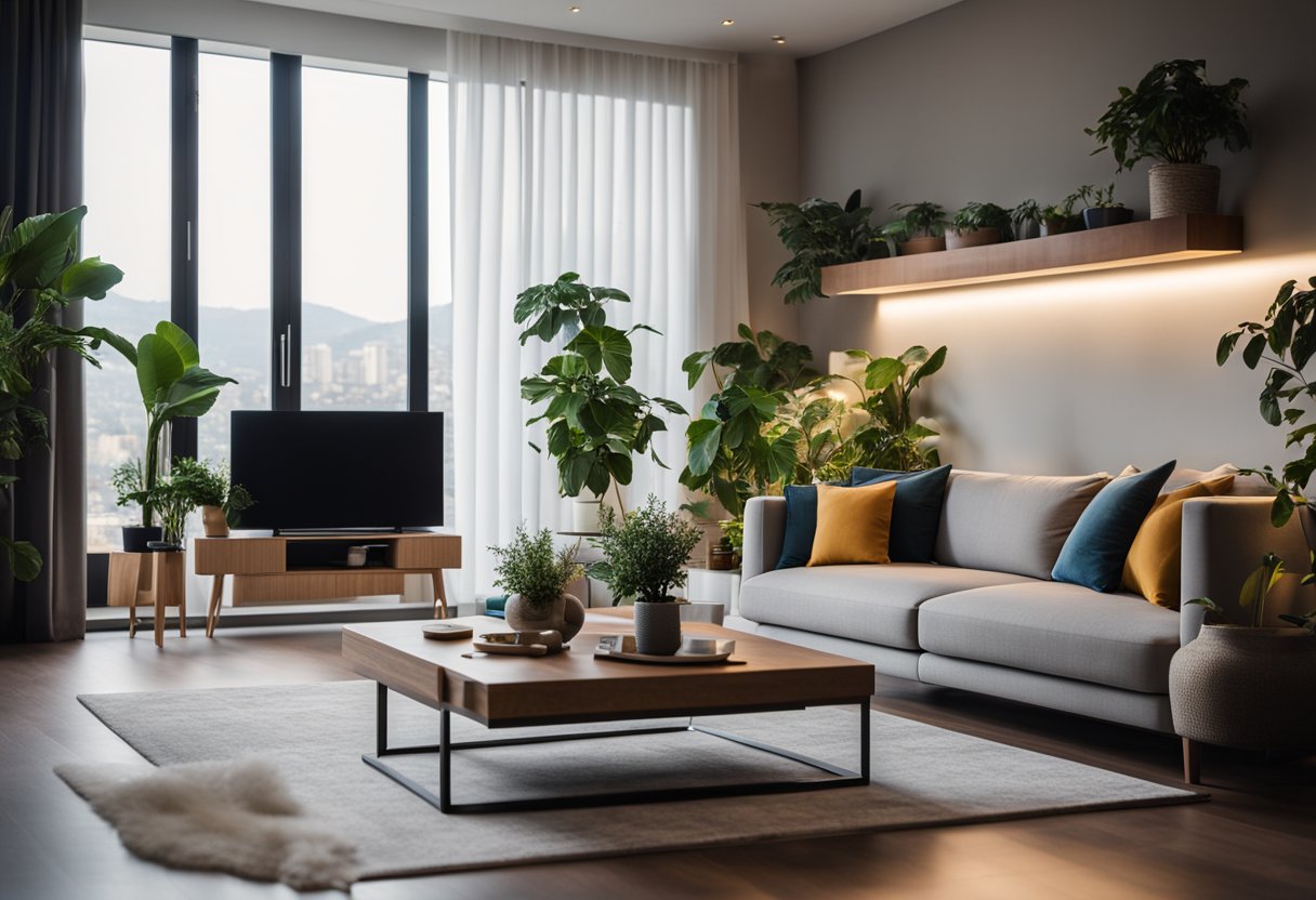 A modern living room with ambient lighting, sleek furniture, and a stylishly mounted TV on the wall. Decorative accents and plants add a touch of warmth and coziness to the space