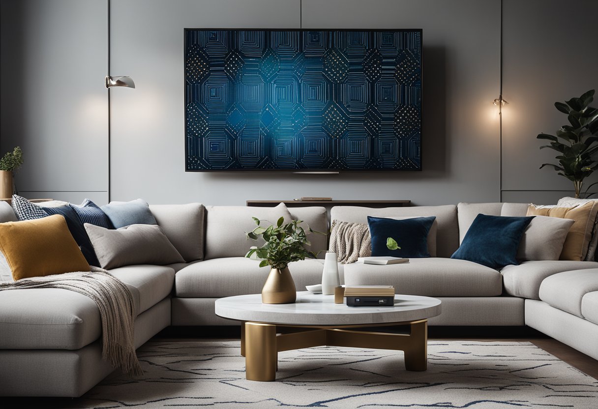 A modern living room with a sleek TV mounted on a wall, surrounded by stylish decor such as geometric-patterned throw pillows, a minimalist coffee table, and a statement rug