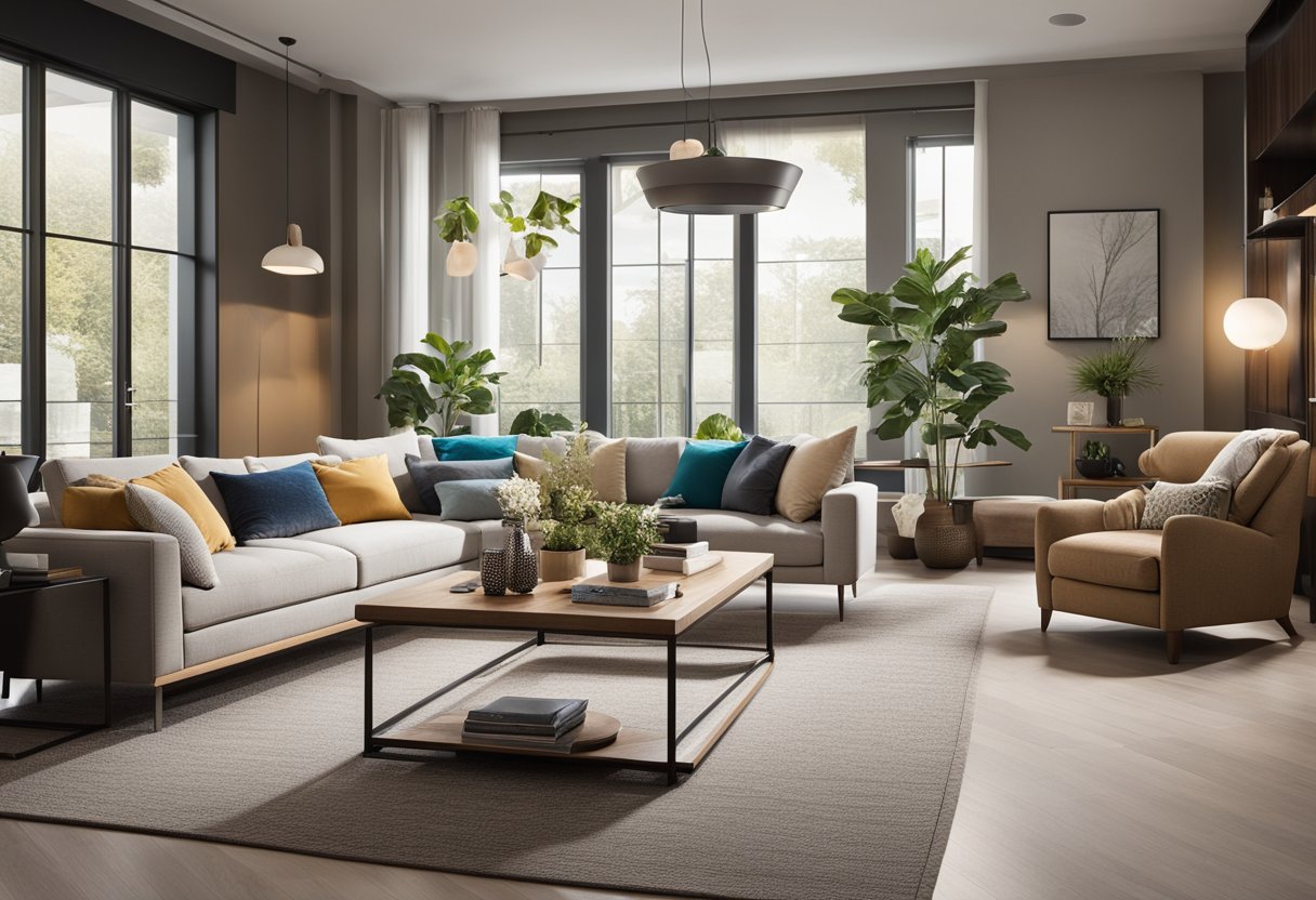 An open-concept living room with cohesive design elements, blending colors, and balanced furniture placement