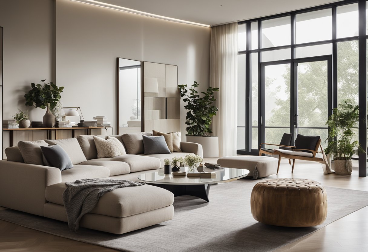 A spacious, light-filled living room with flowing lines and minimal furniture creates a cohesive open-concept space. Large windows and strategically placed mirrors enhance the natural light, while neutral colors and streamlined decor maintain a sense of unity