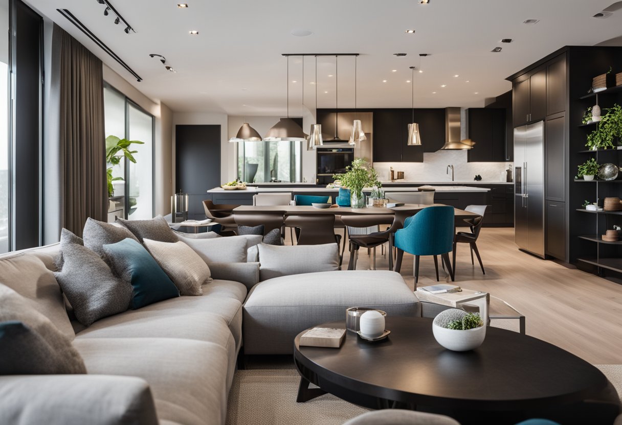 A large open-concept living room with distinct functional zones seamlessly connected through cohesive design elements and furniture placement