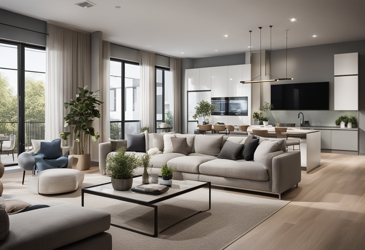 A spacious living room with connected kitchen and dining area, featuring consistent color palette and flowing layout for a cohesive open feel