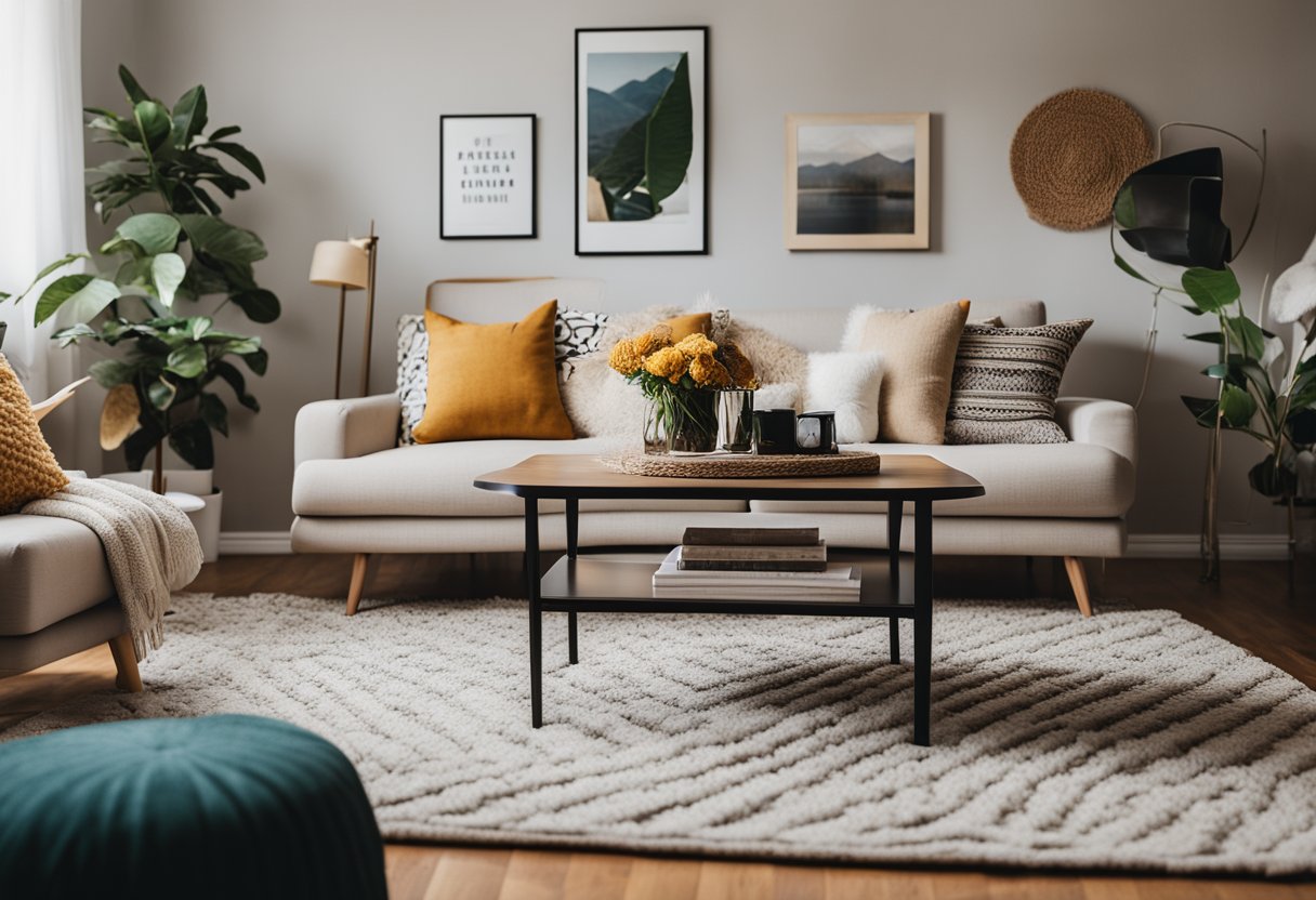 A cozy living room with affordable decor: a neutral-colored sofa, a DIY coffee table, wall art made from thrifted frames, and a pop of color with throw pillows and a rug