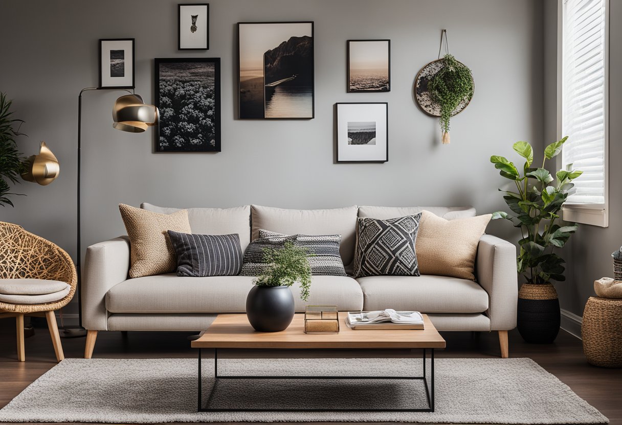 A cozy living room with budget-friendly decor, featuring a well-planned layout with comfortable seating, a stylish area rug, and a mix of decorative accents like throw pillows and wall art