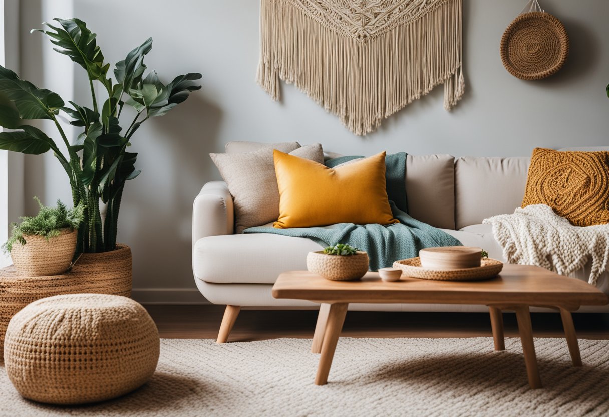 A cozy living room with handmade decor: macrame wall hangings, painted thrift store furniture, and DIY throw pillows. Bright colors and natural textures create a warm and inviting space