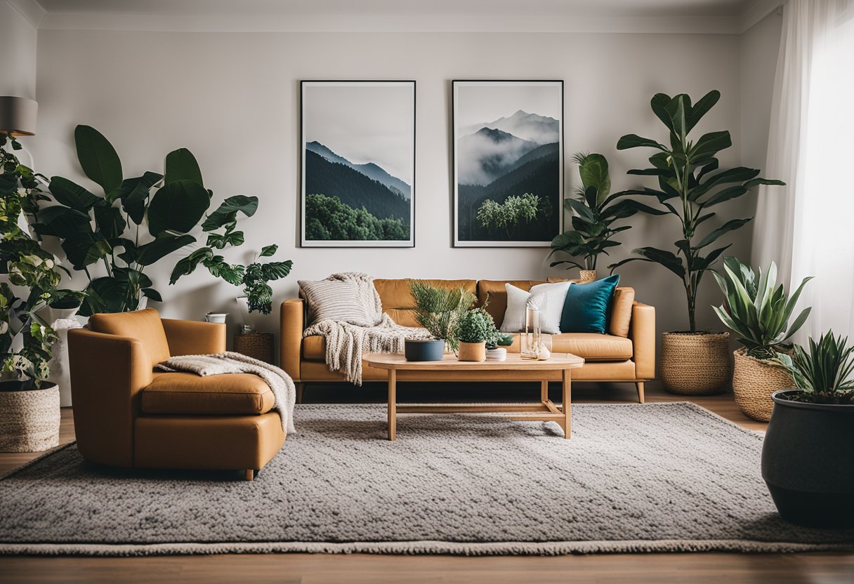 A cozy living room with affordable decor: thrifted throw pillows, DIY wall art, and potted plants. A budget-friendly rug ties the space together