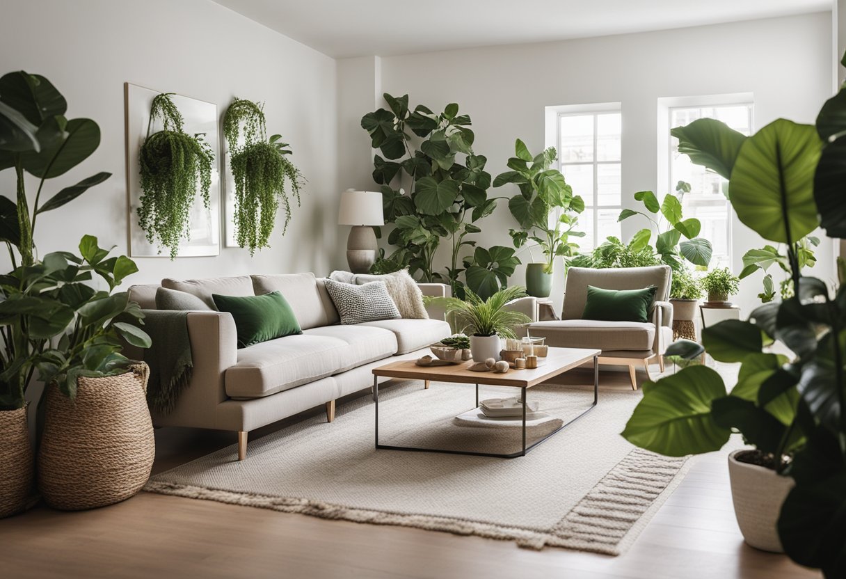 A cozy living room with potted plants, hanging vines, and leafy artwork. Neutral furniture with green accent pillows and throws. Natural light fills the space, creating a refreshing and budget-friendly atmosphere