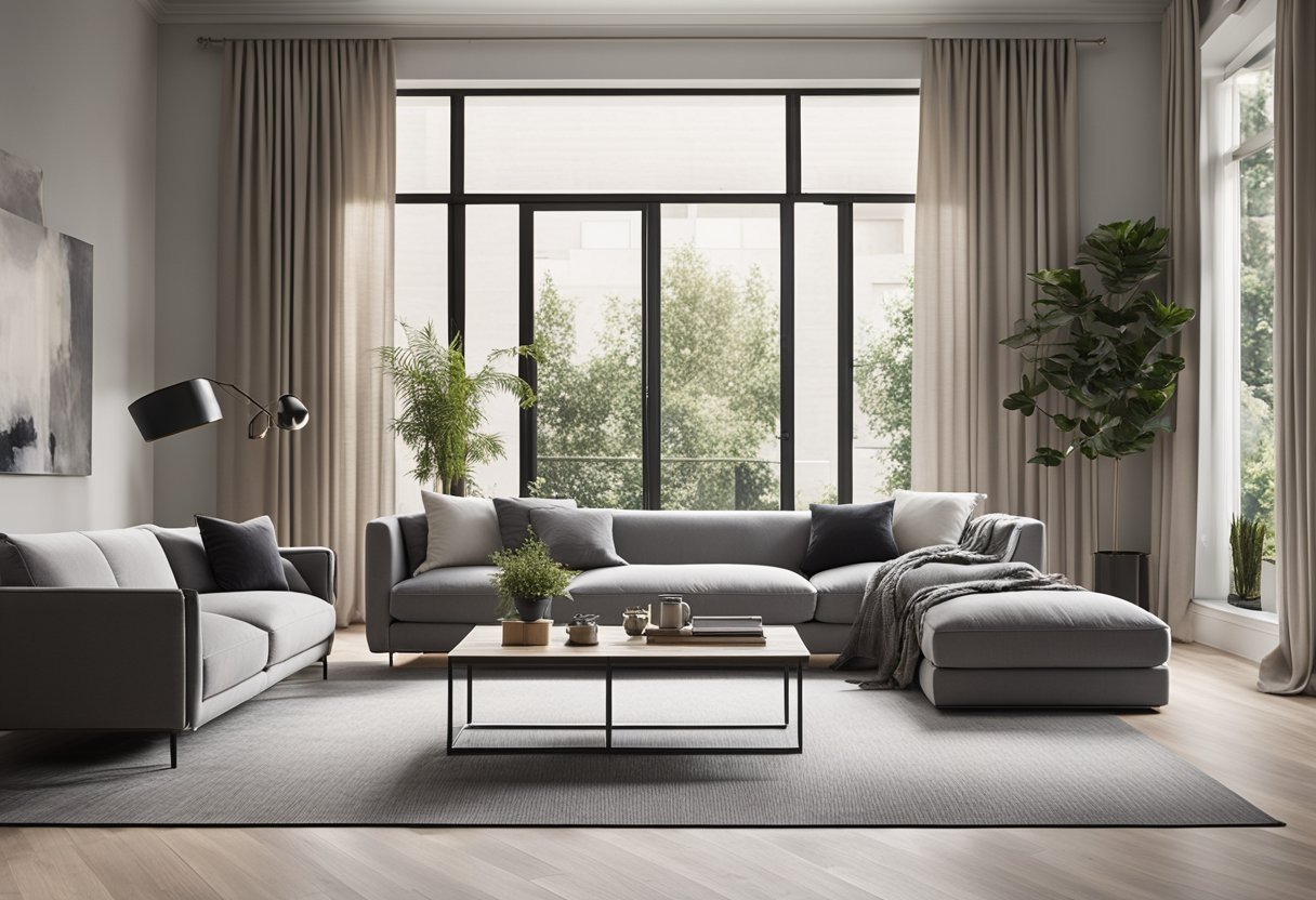 A modern living room with sleek gray furniture, a plush rug, and metallic accents. A large window lets in natural light, illuminating the stylish neutral space
