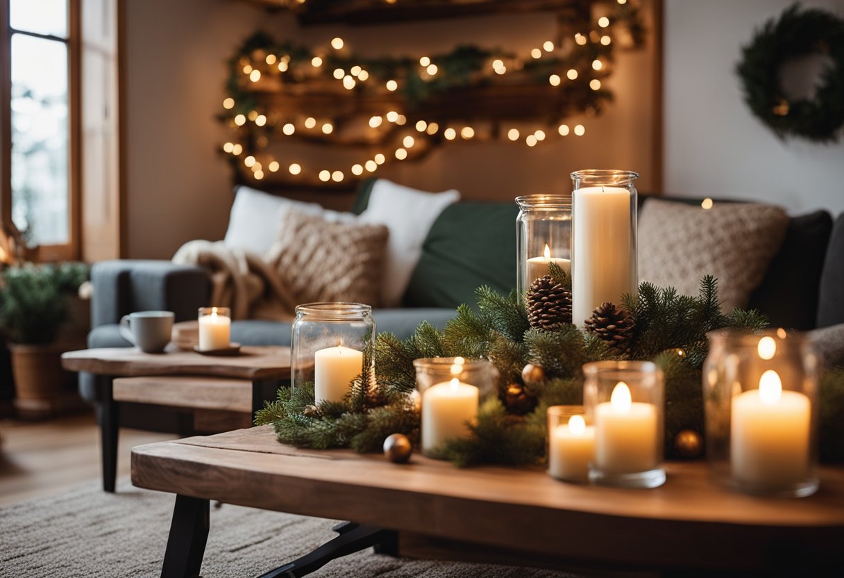 A cozy living room with warm, earthy tones. A fireplace adorned with pine garland and twinkling lights. A rustic wooden coffee table decorated with candles and seasonal greenery