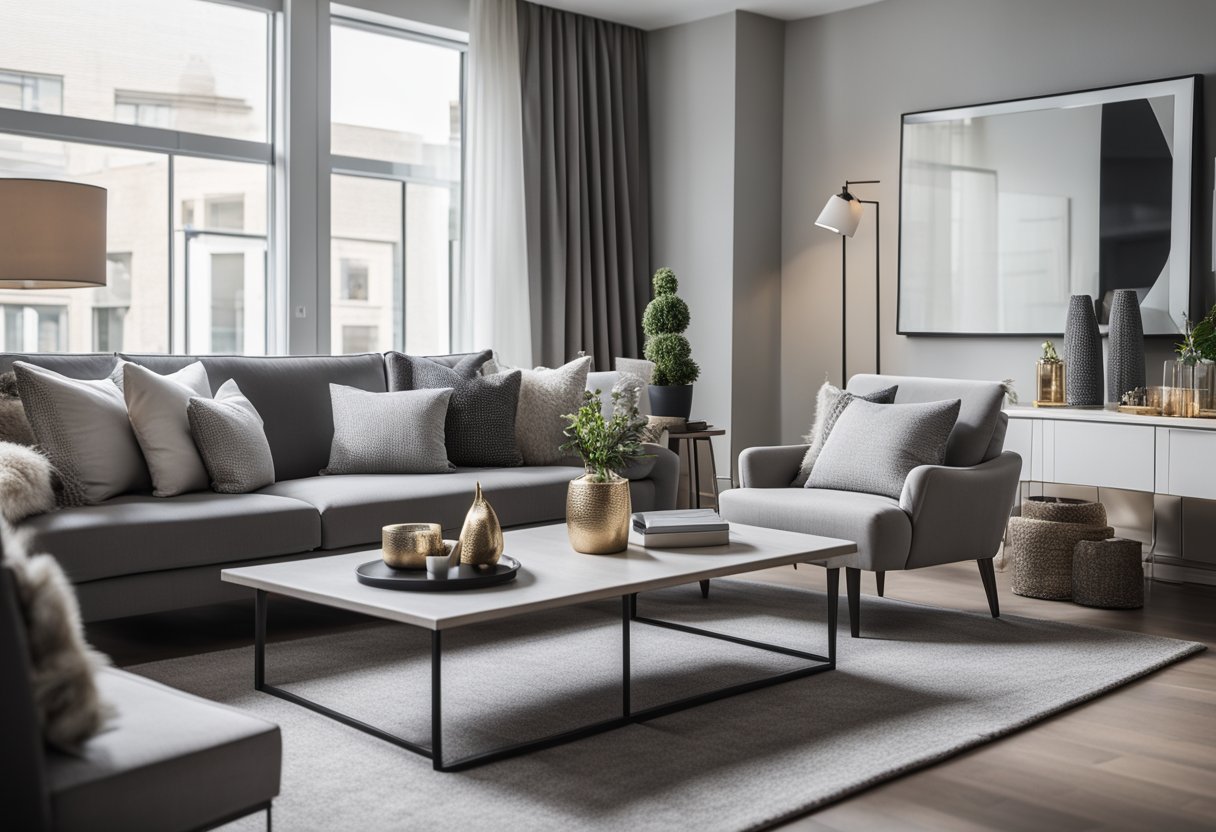 A cozy living room with a sleek gray color scheme, featuring plush furniture, textured rugs, and metallic accents for a modern and stylish neutral space