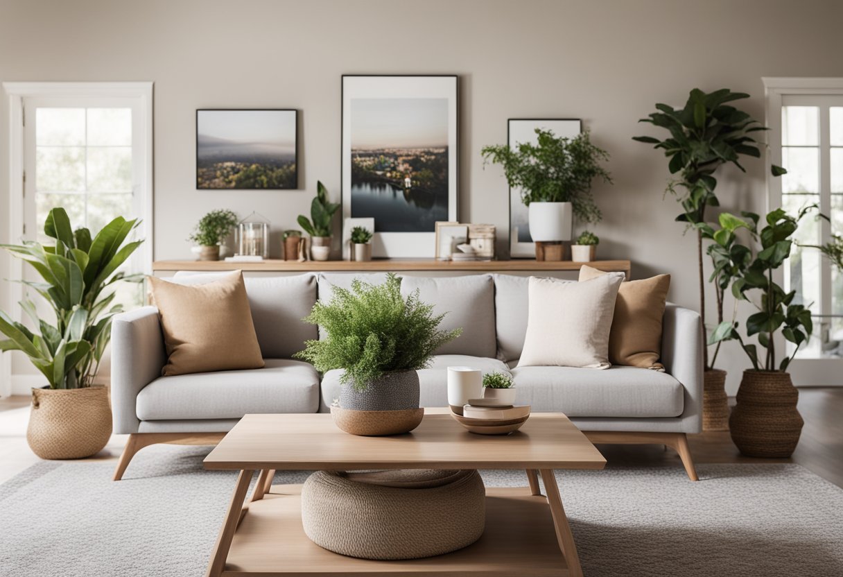 A cozy living room with durable, easy-to-clean furniture. Neutral color palette with pops of color in throw pillows and wall art. Natural light and potted plants add warmth