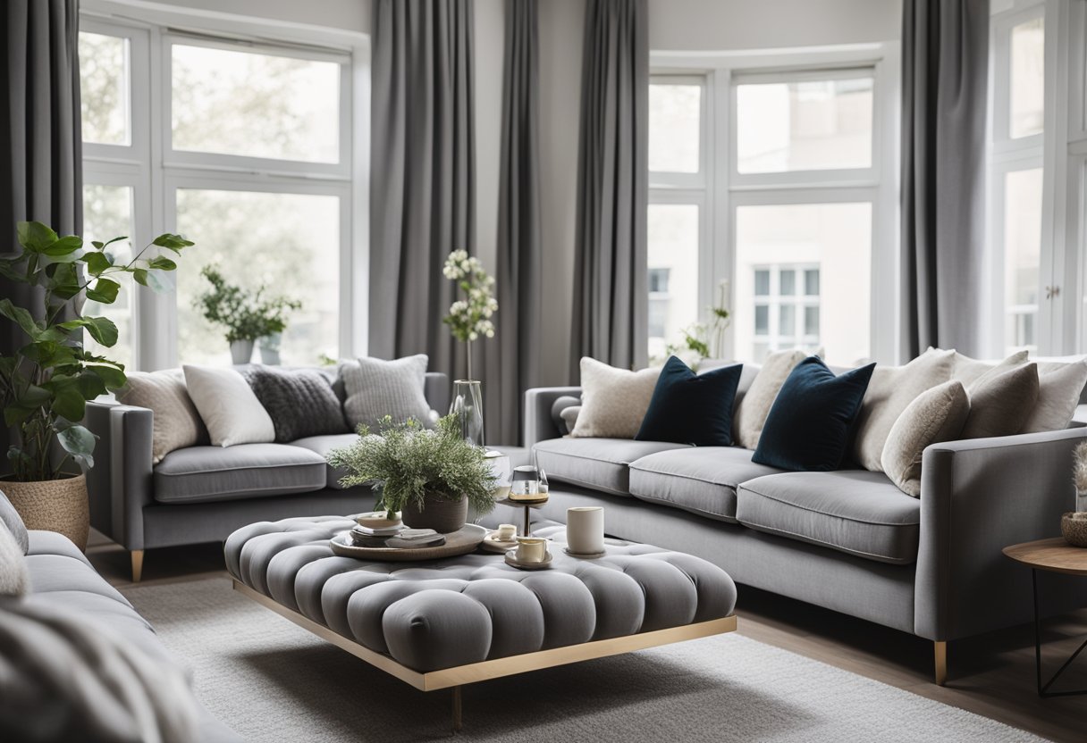 A cozy gray living room with plush sofas, soft throw pillows, and elegant curtains. A mix of textures such as velvet, linen, and wool creates a stylish and inviting neutral space