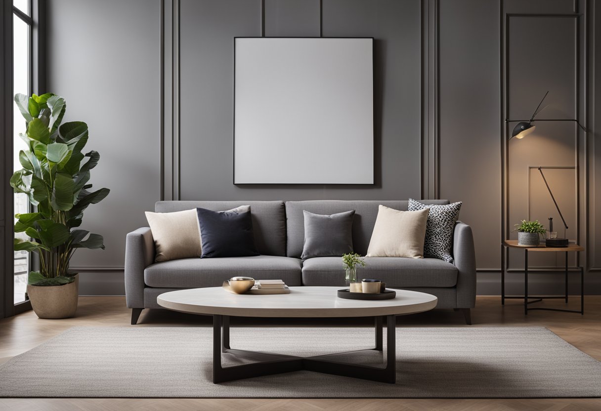 A sleek gray sofa sits against a backdrop of soft, neutral walls. Vibrant accent pillows and a bold area rug add pops of color to the elegant living room