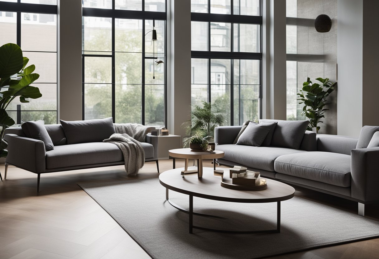 A cozy gray living room with natural light streaming in through large windows, casting soft shadows on the sleek modern furniture and adding warmth to the neutral space