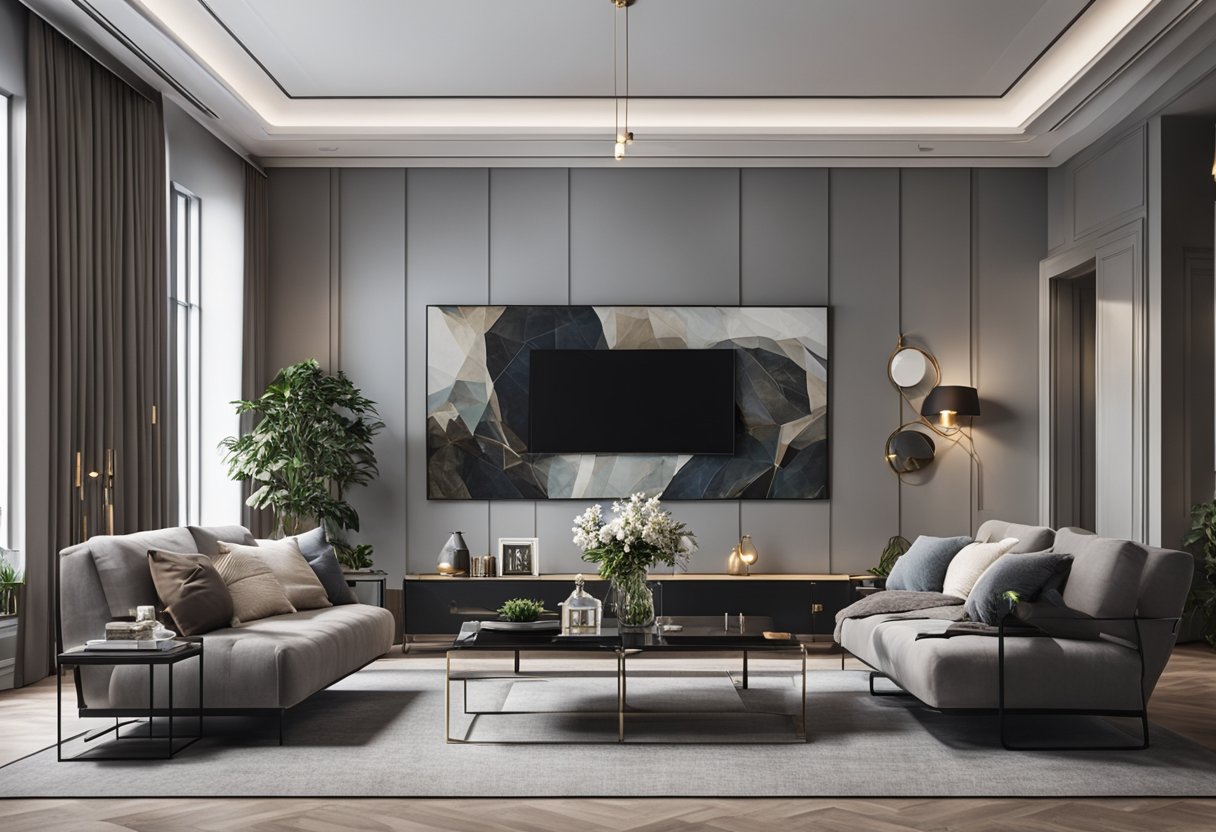 A spacious living room with elegant gray walls adorned with beautiful artwork and decorative wall decor, creating a stylish and neutral space