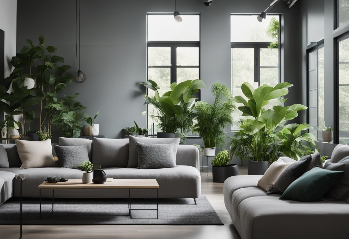 A modern living room with gray walls, featuring lush green plants and foliage throughout the space, creating a stylish and neutral ambiance