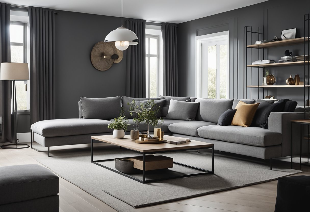 A modern gray living room with sleek storage solutions and stylish decor. Clean lines and neutral tones create a sophisticated and inviting space